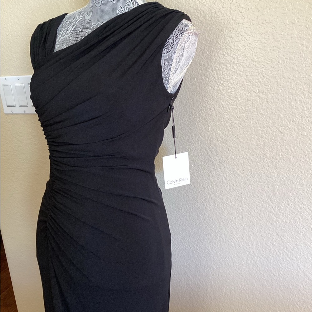 NWT Calvin Klein Black Asymmetrical Ruched Jersey Long Gown - Picture 5 of 15